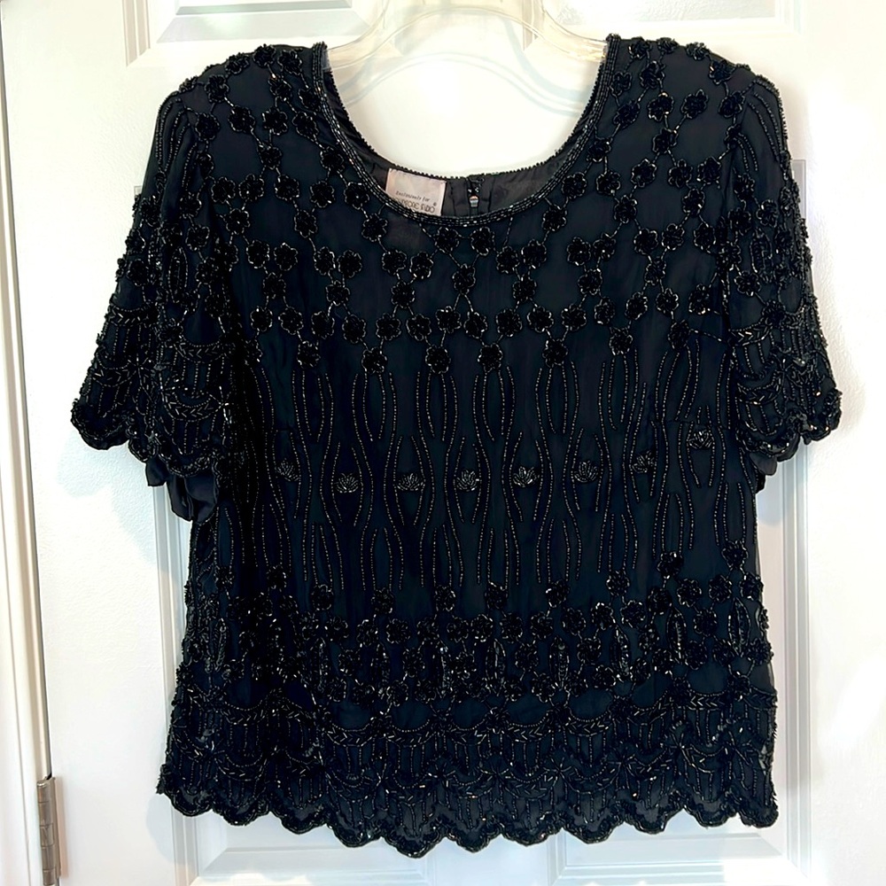 Brownstone Studio NY Womens Black 100% Silk Embroidered Sequins Top - Size 18W